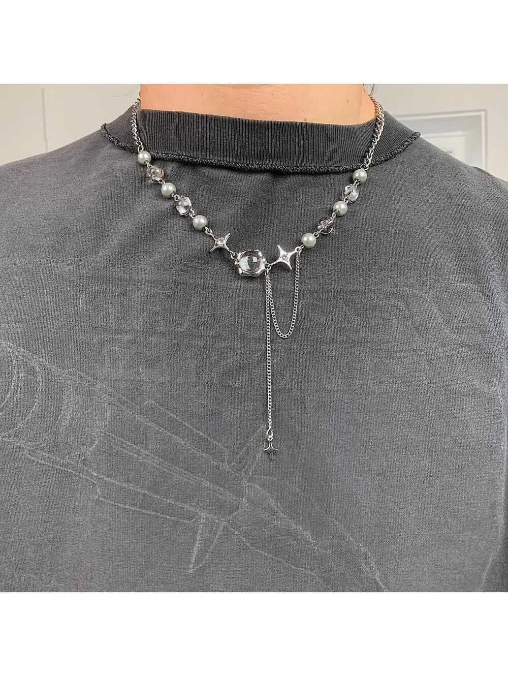 Cyber y2k grunge silver and beaded futuristic glass opal pendant necklace.